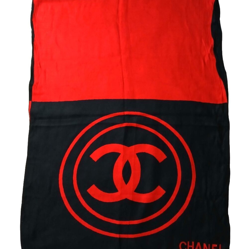 CHANEL Vintage Black & Red Reversible Color Block Wrap Shawl Scarf w/ CC Logo - Picture 2 of 11